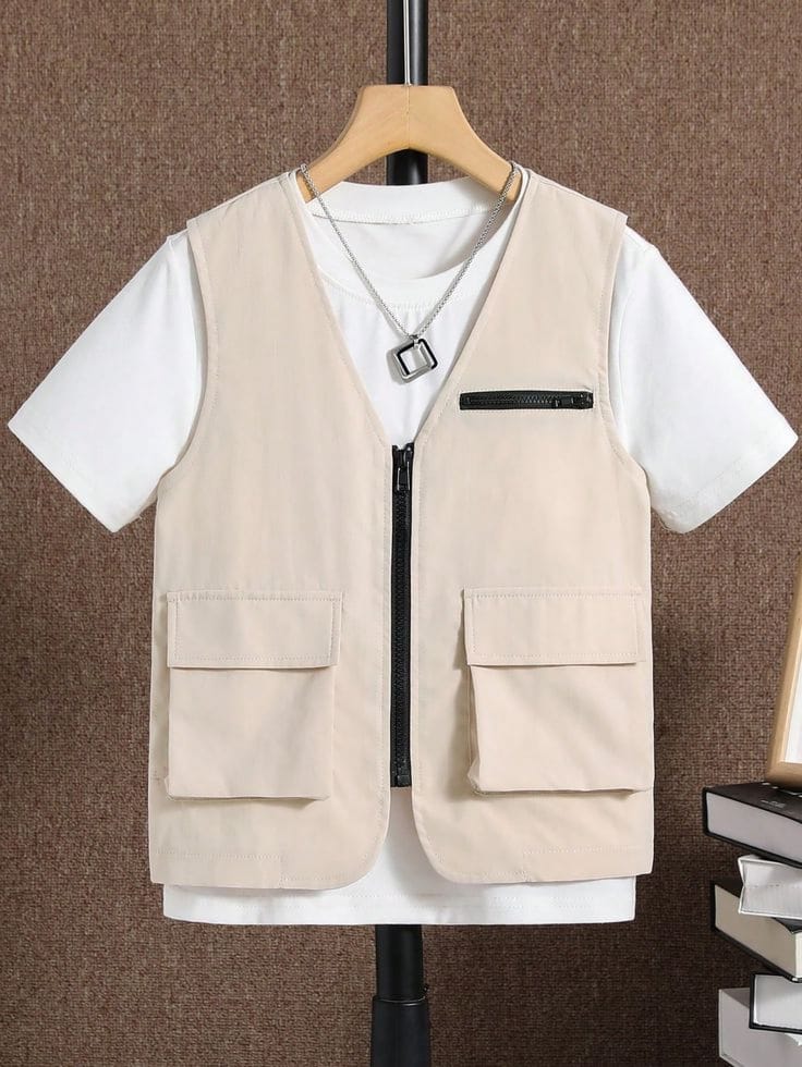 Rompi Kargo Utility 3-Saku — Saku Dada Ritsleting (American Drill) — Cream