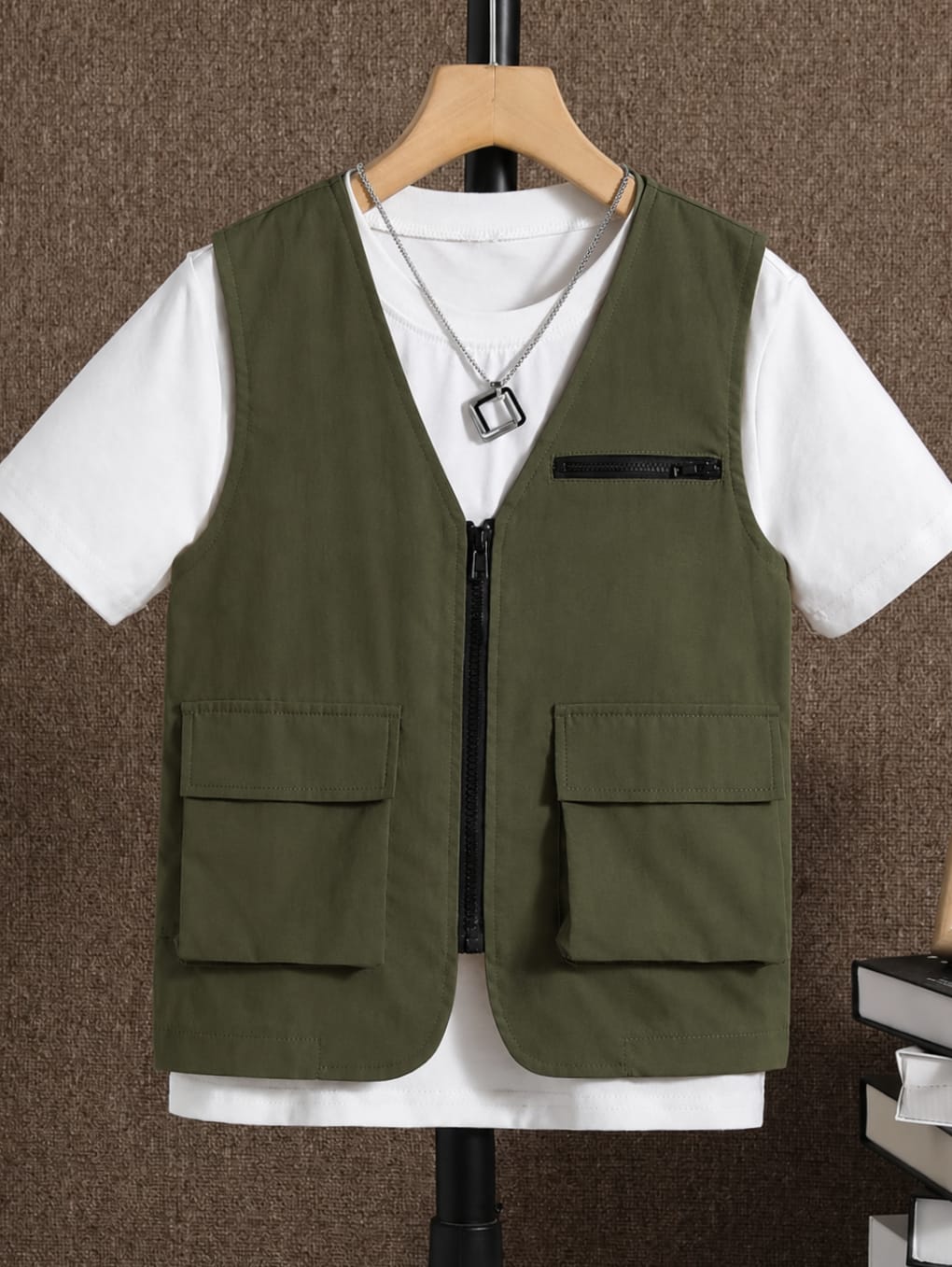Rompi Kargo Utility 3-Saku — Saku Dada Ritsleting (American Drill) — Hijau Army